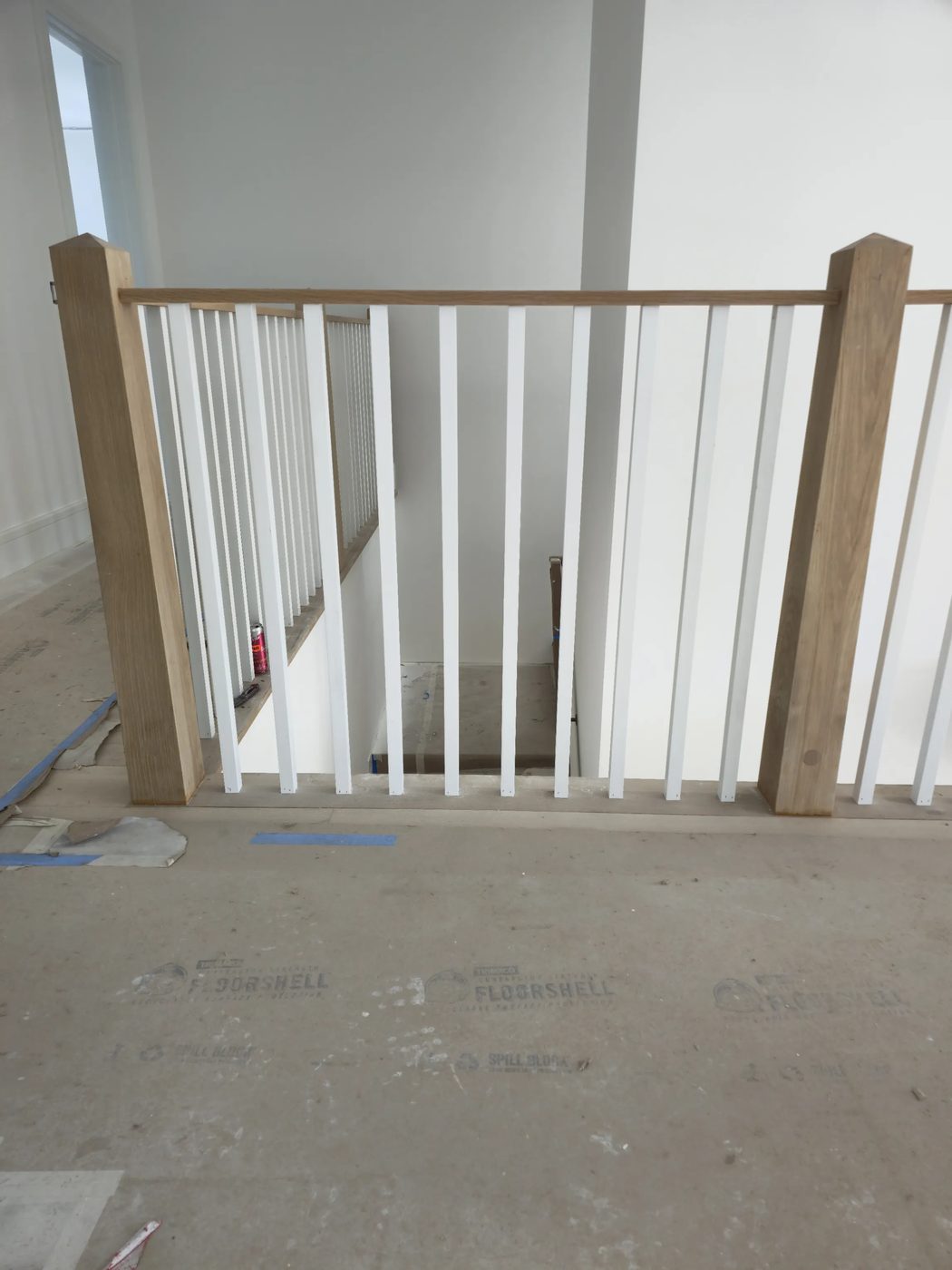 Oak posts with painted square balusters