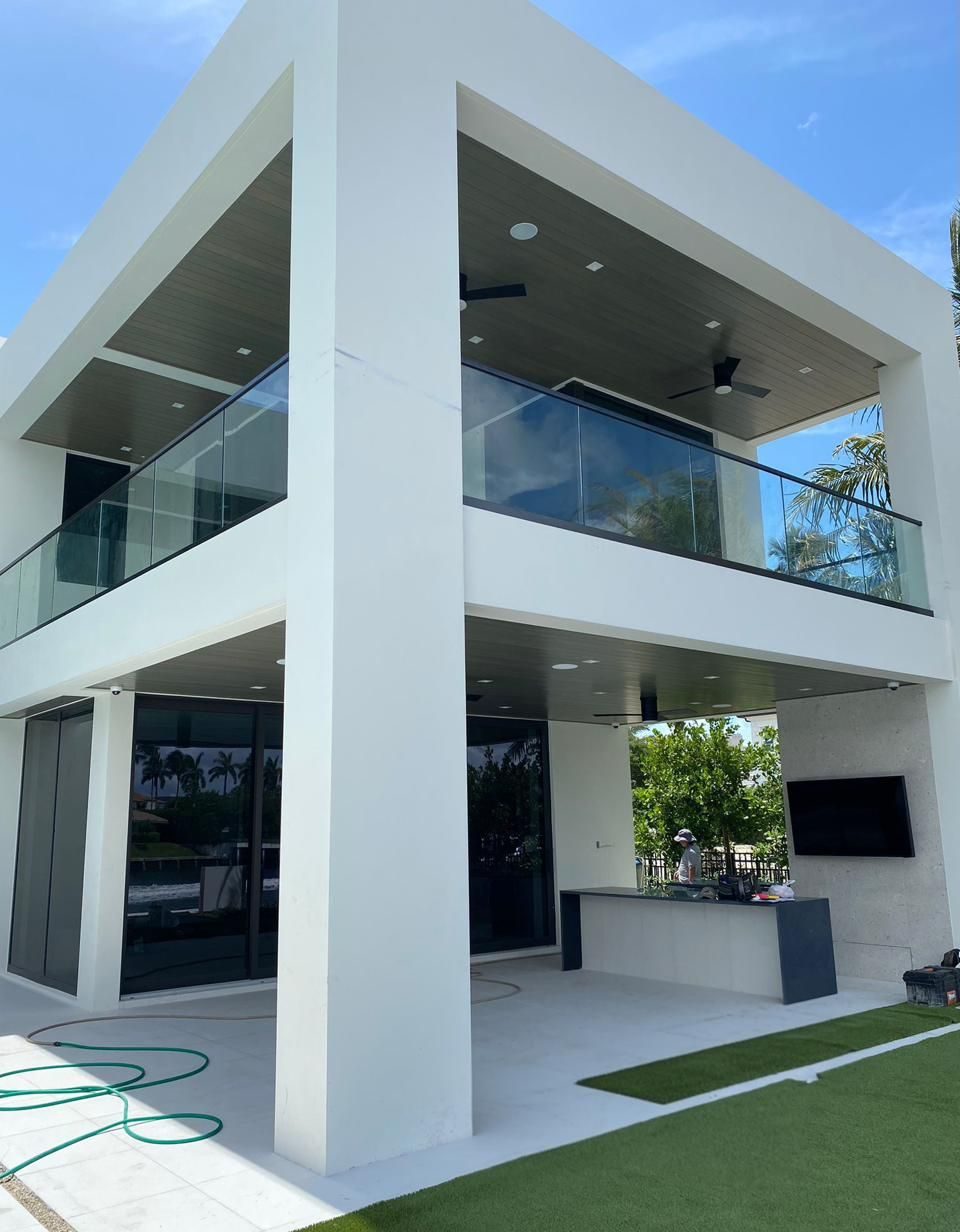 Exterior glass railings on a modern home